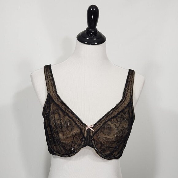 Cacique  Black Tan Lace Underwire Bra  NO PADDING Size 40C   Back Closure - Picture 1 of 5